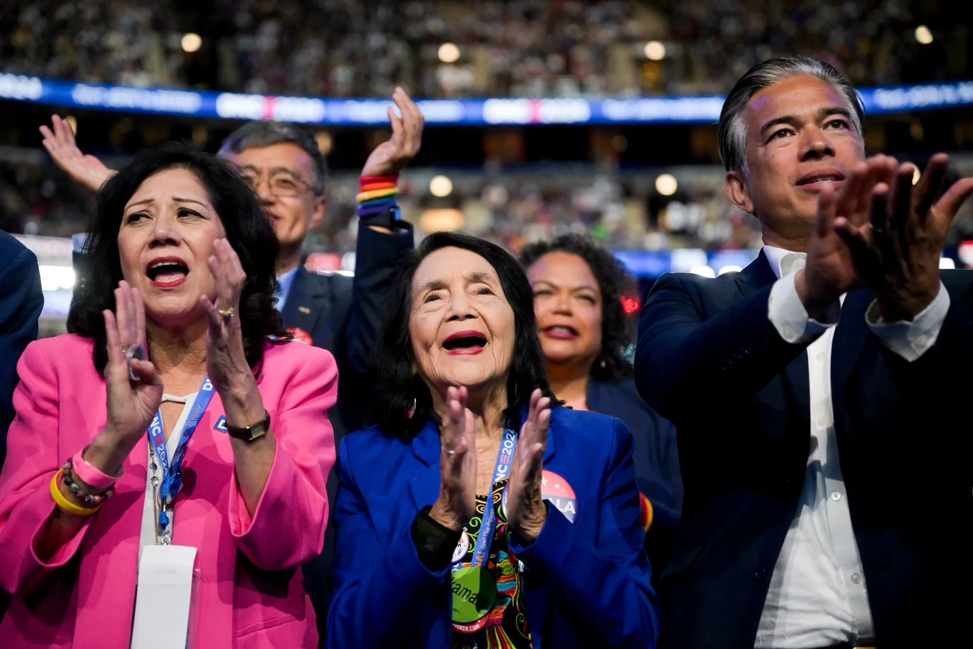 Dolores Huerta, co-founder of the United Farm Workers, center, in 2024.