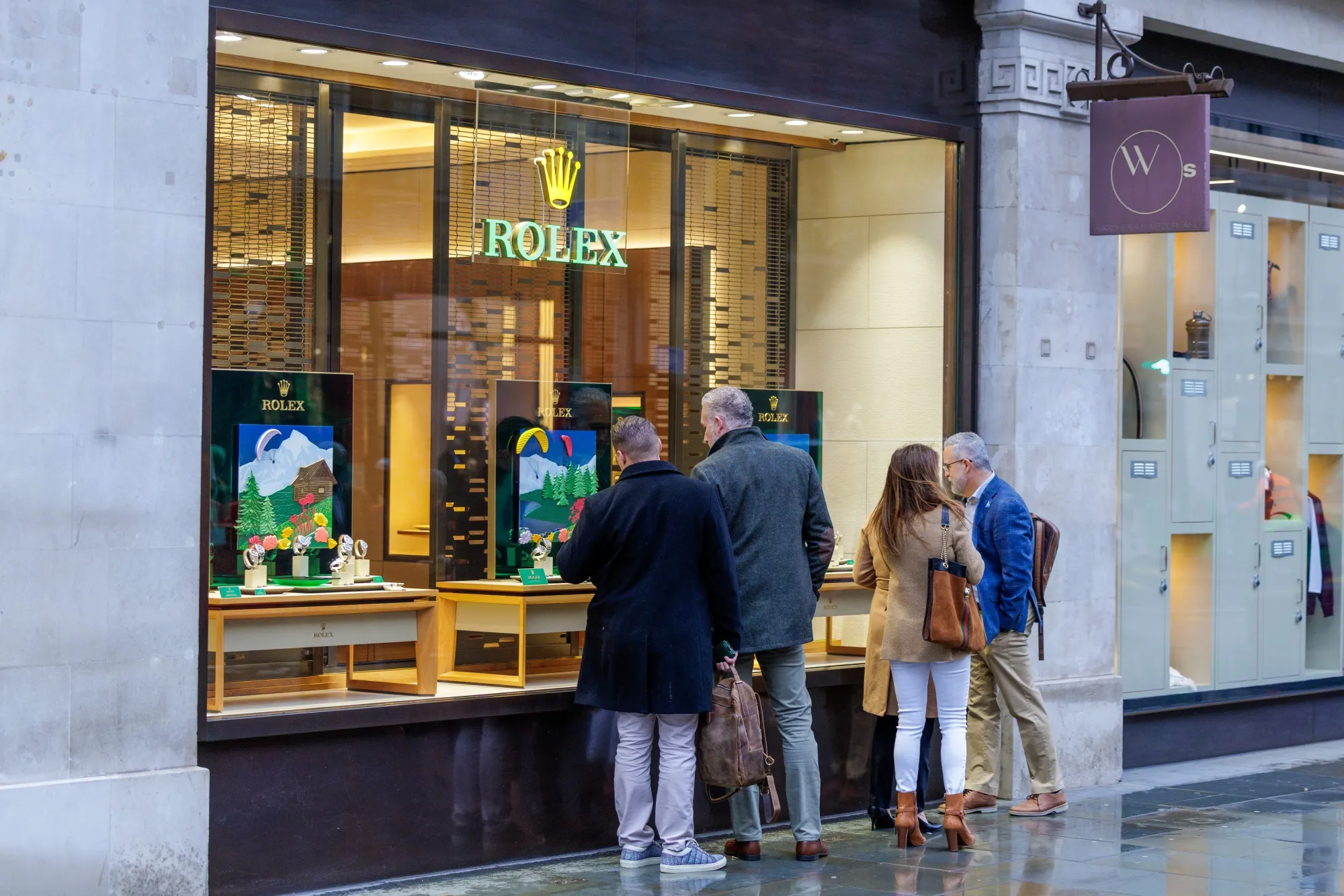 A display of Rolex SA watches in the window of a Watches of Switzerland Group Plc store in London.