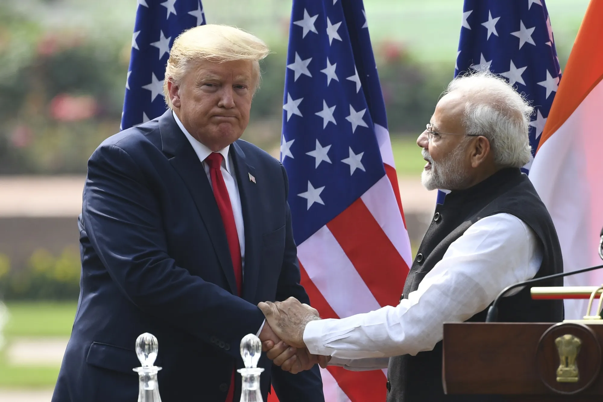 Donald Trump&nbsp;with Narendra Modi during a joint press conference, in New Delhi, 2020.