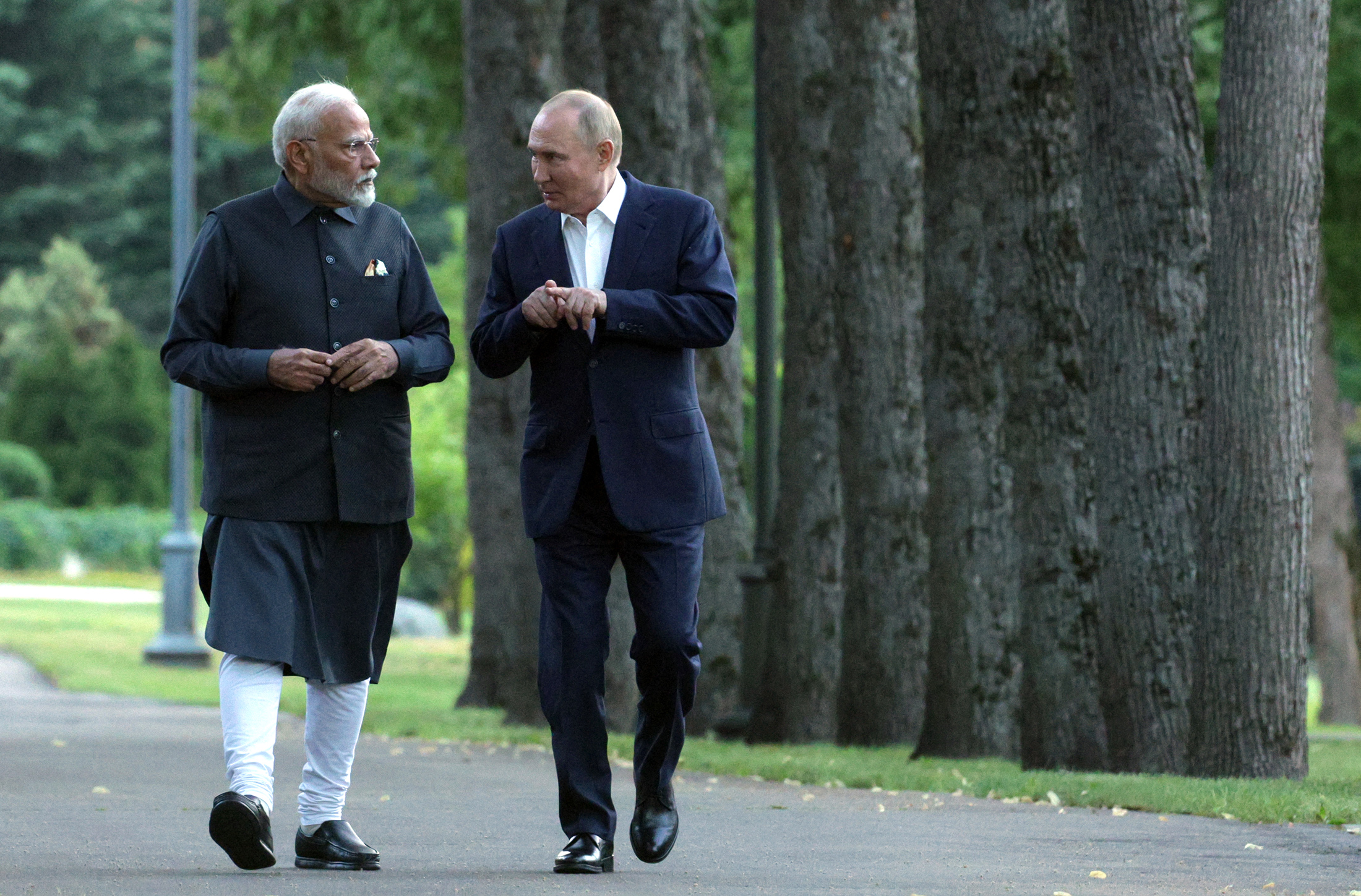 Russian President Vladimir Putin and Indian Prime Minister Narendra Modi at the Novo-Ogaryovo state residence&nbsp;outside Moscow yesterday.