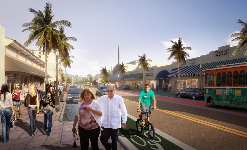 PlusUrbia rendering of Calle Ocho with designated bike and trolley lanes.