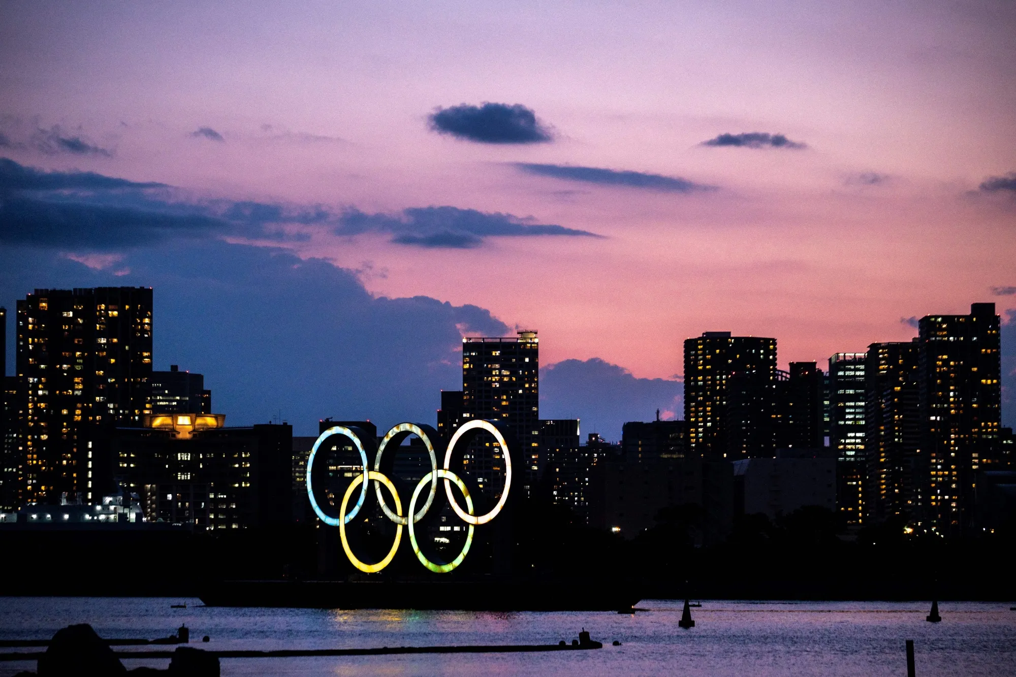 The Olympic rings on the Odaiba waterfront in Tokyo on May 31.