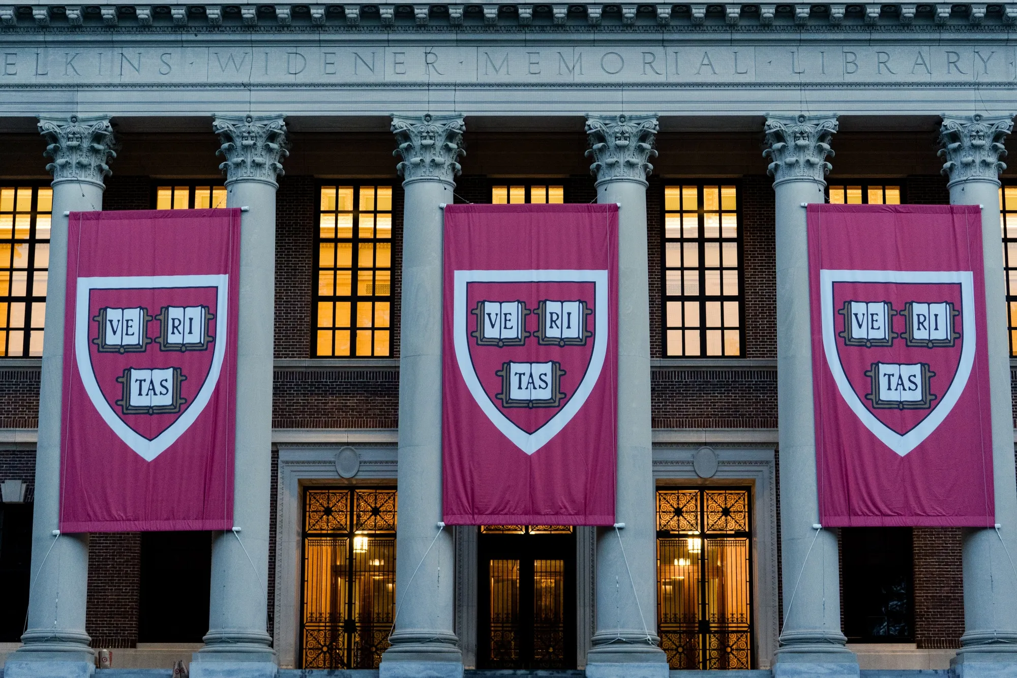 Banners on the Harry Elkins Widener Memorial Library at the Harvard University campus.