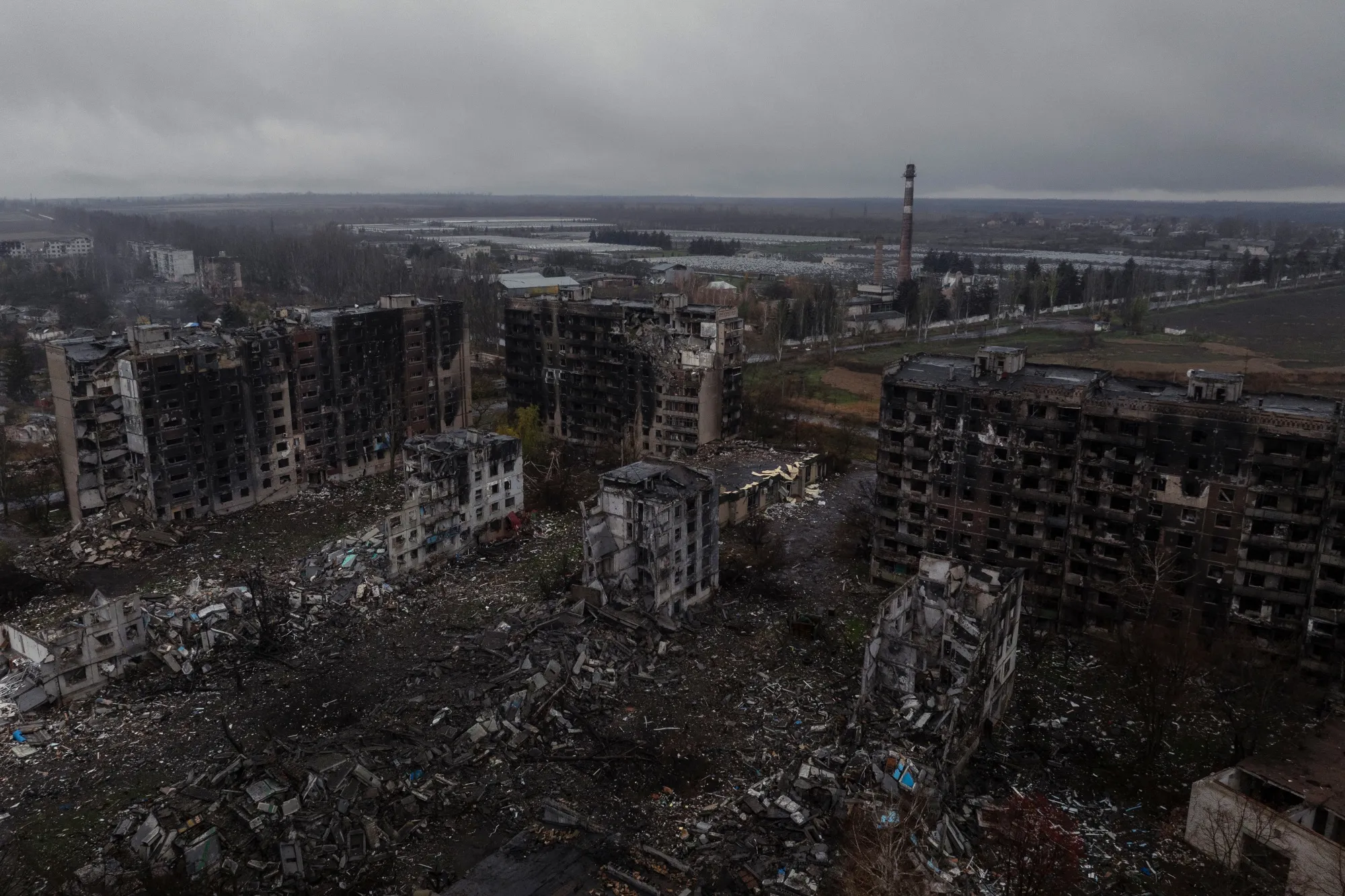 Destroyed buildings in the frontline town of Kostyantynivka, Donetsk region.