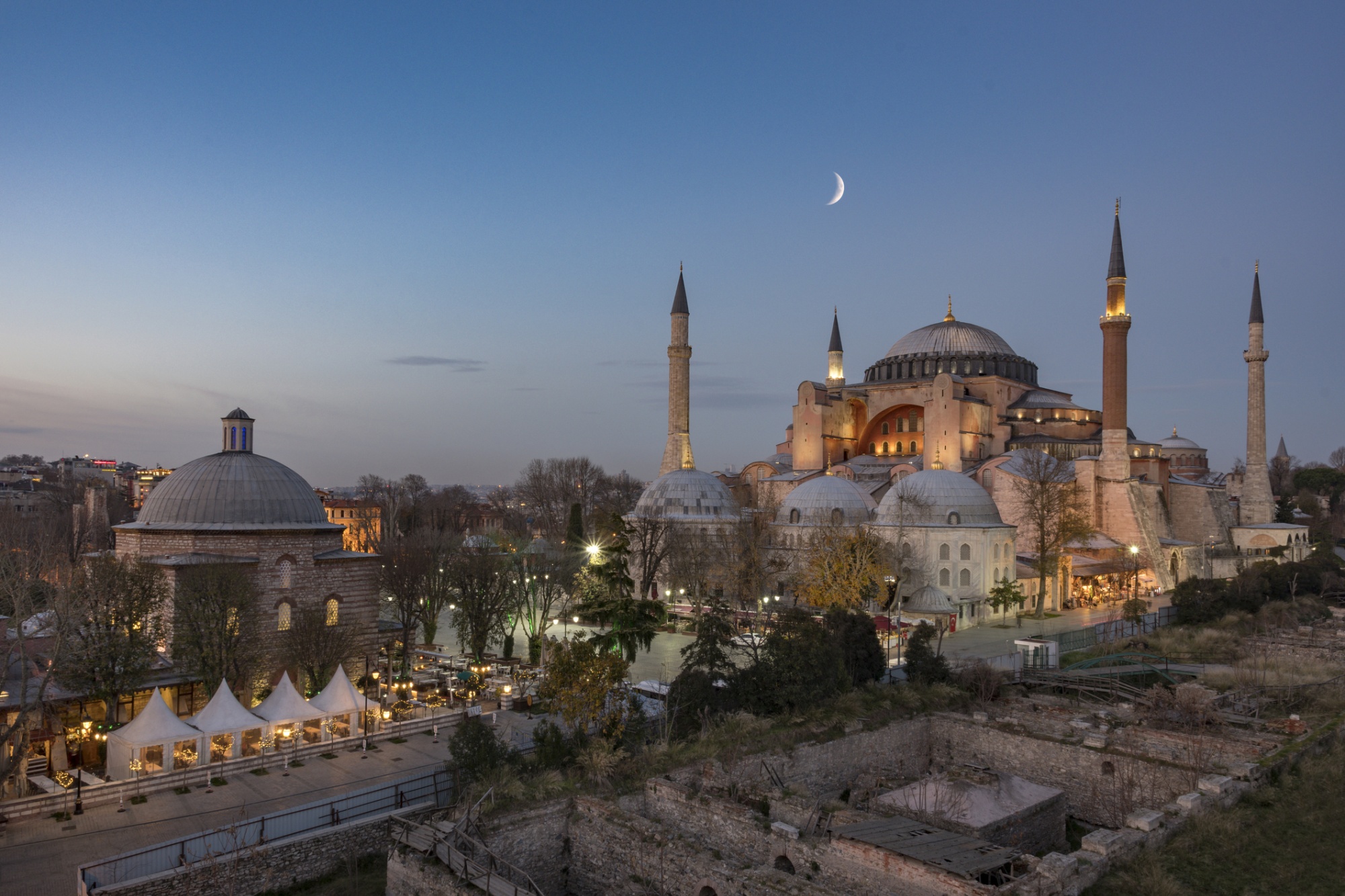 The Hagia Sophia and Haseki Hurrem Turkish Bath Complex at night ,Istanbul,Turkey