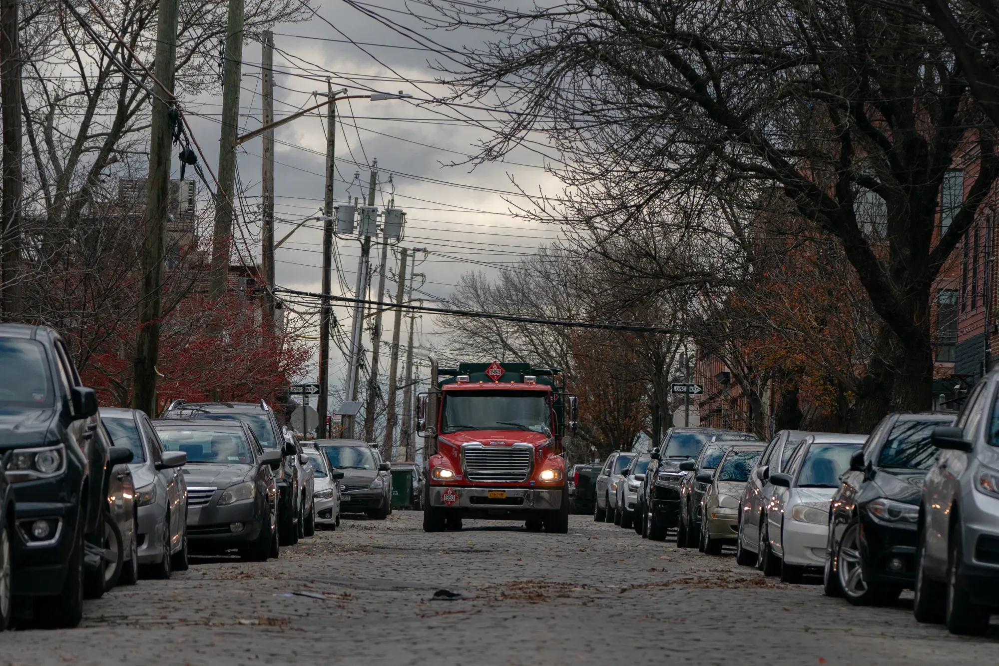 A truck drives along Van Brunt Street in the Red Hook neighborhood of Brooklyn.