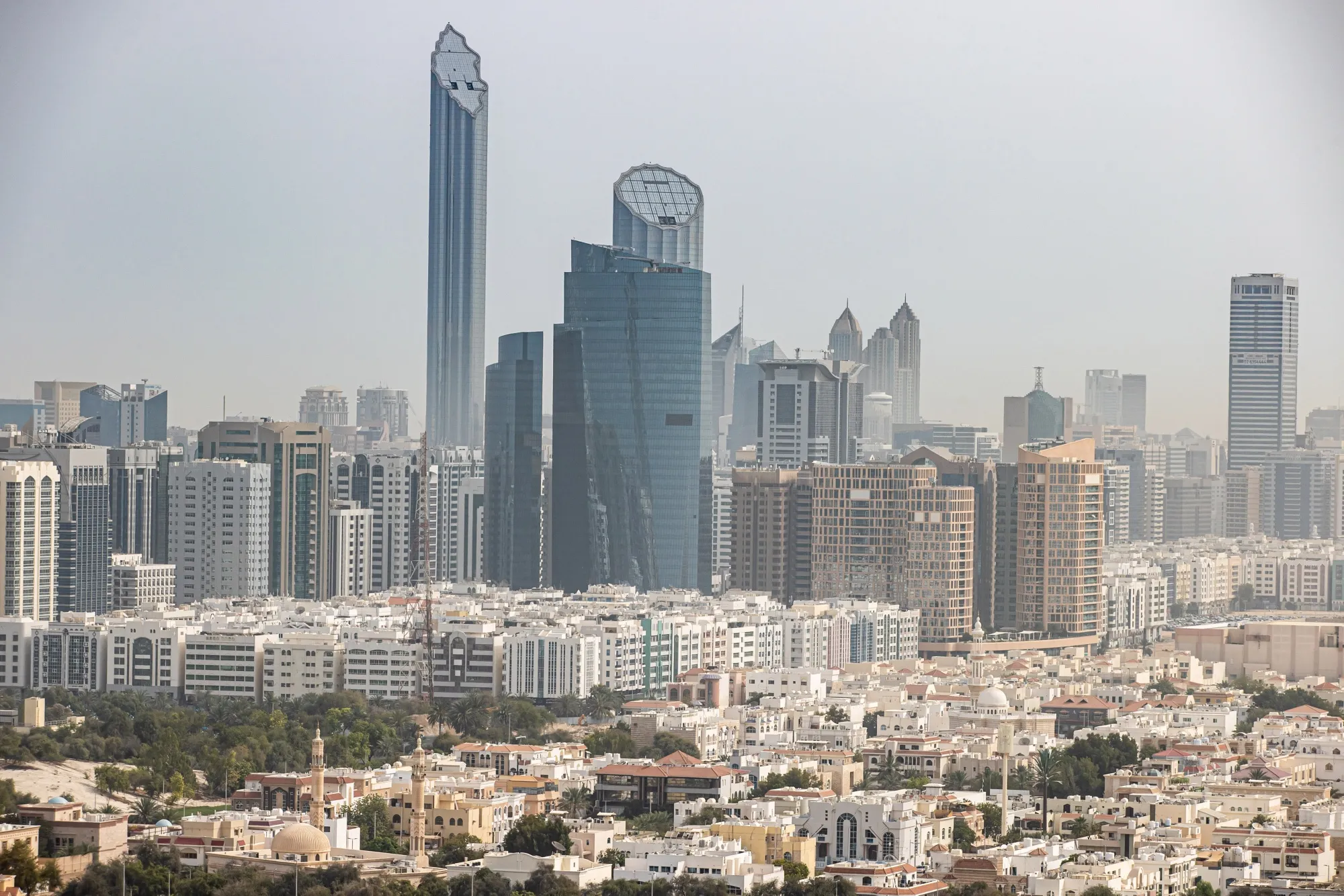Residential and commercial skyscrapers on the skyline of Abu Dhabi.