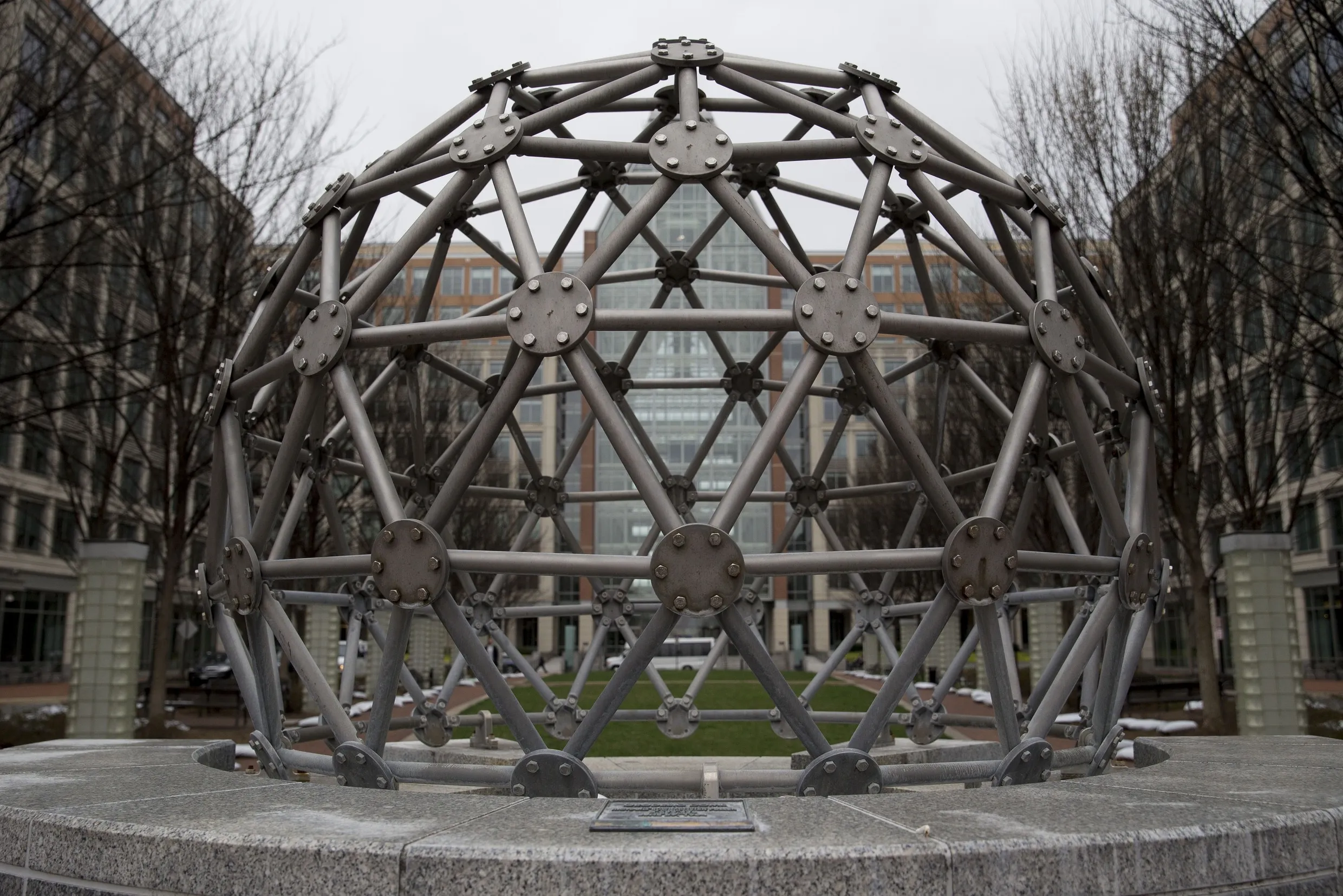 A geodesic dome sculpture, U.S. Patent No. 2,682,235, stands in front of the U.S. Patent and Trademark Office&nbsp;headquarters in Alexandria, Virginia.