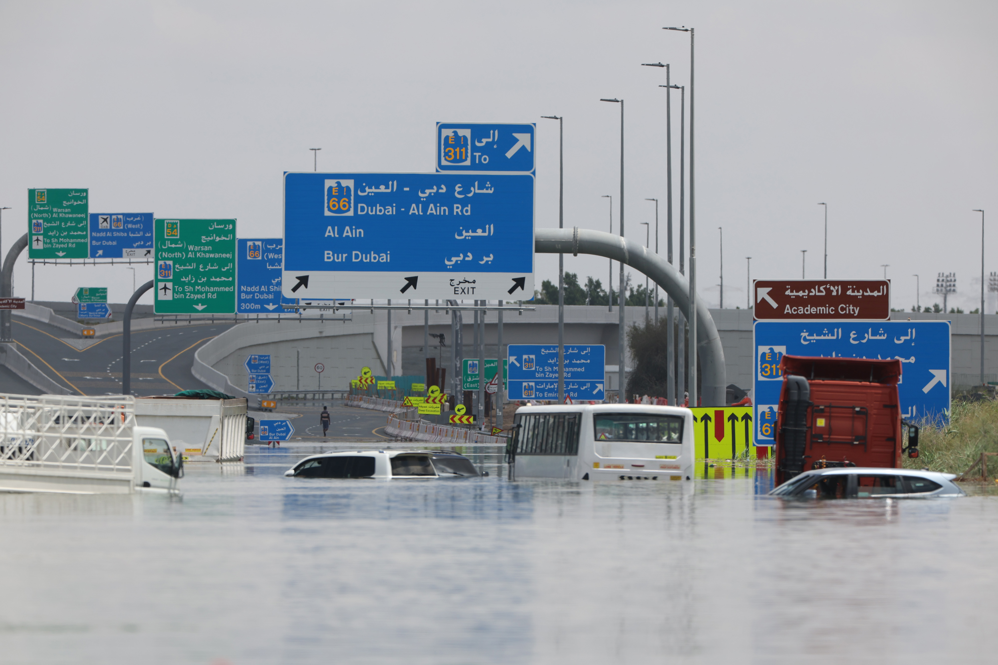 Abandoned vehicles on a flooded highway after a rainstorm in Dubai, United Arab Emirates, on April 17.
