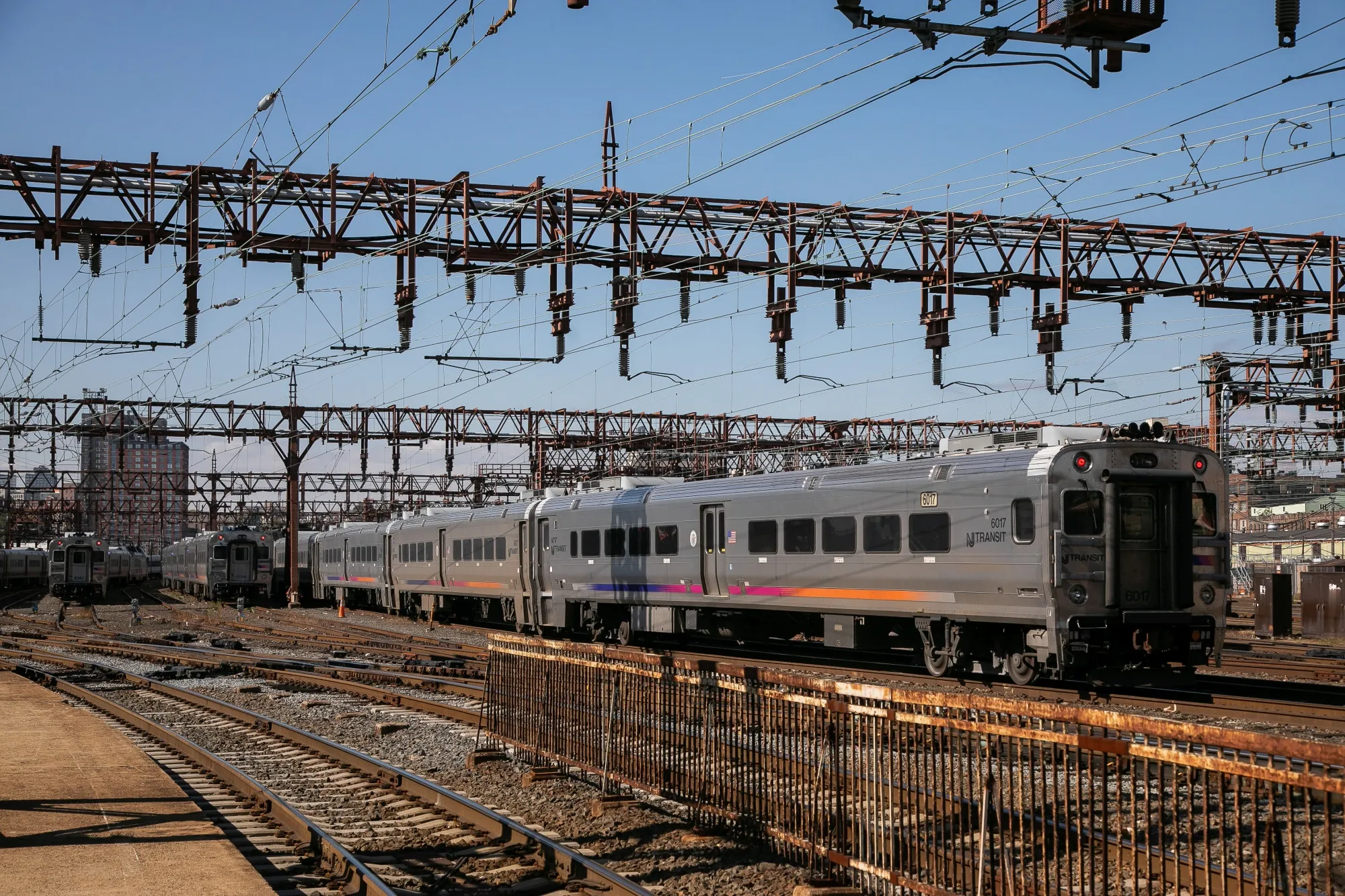 New Jersey Transit trains at Hoboken Terminal in Hoboken, New Jersey.
