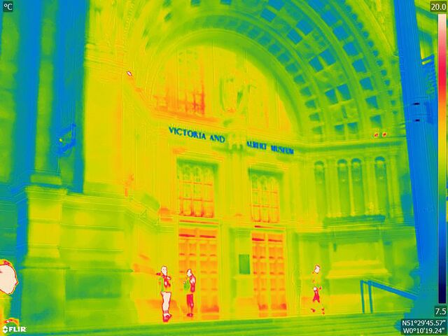 Victoria and Albert Museum: The 19th century stone building leaked heat on a cool morning in March even as it remains closed to the public during coronavirus restrictions. The Victorian, carved stones on its main façade hold heat successfully. But heat escapes through closed glass windows and wooden doors, seen in orange and red.