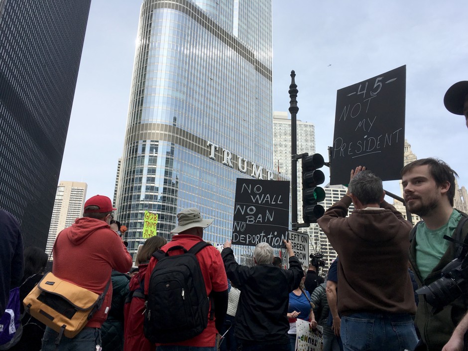 Protesters rally against Trump administration policies in Chicago on Presidents Day. 