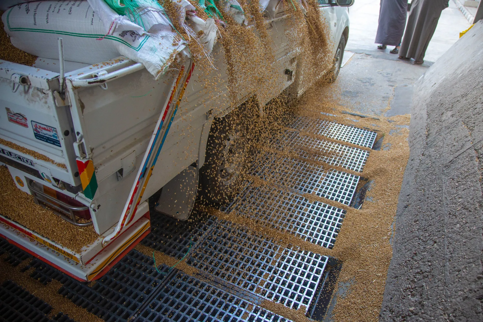 A truck unloads wheat grain at a government-operated mill in Abu Hammad, Egypt.