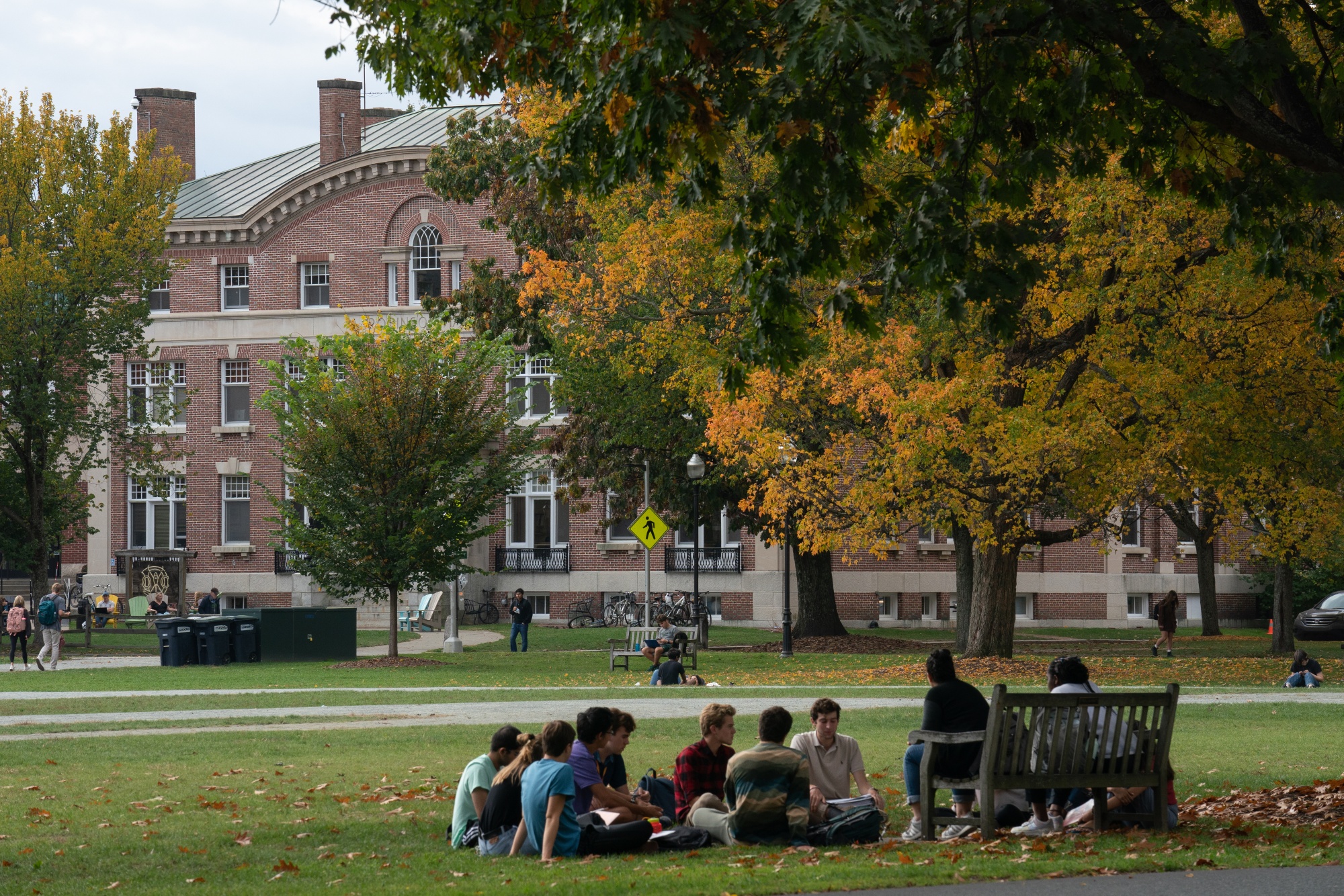 Students have class outdoors on the campus of Dartmouth College in Hanover, New Hampshire.