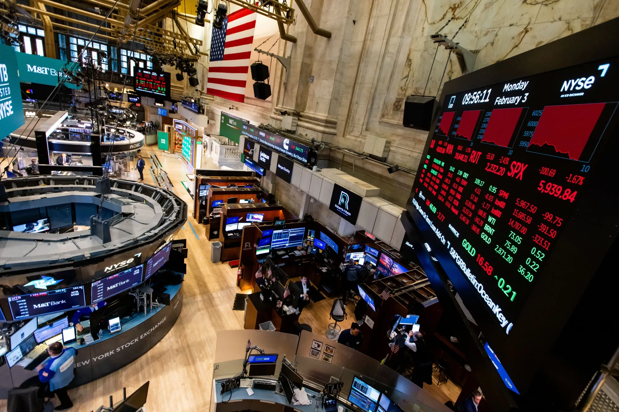 Traders work on the floor of the New York Stock Exchange.
