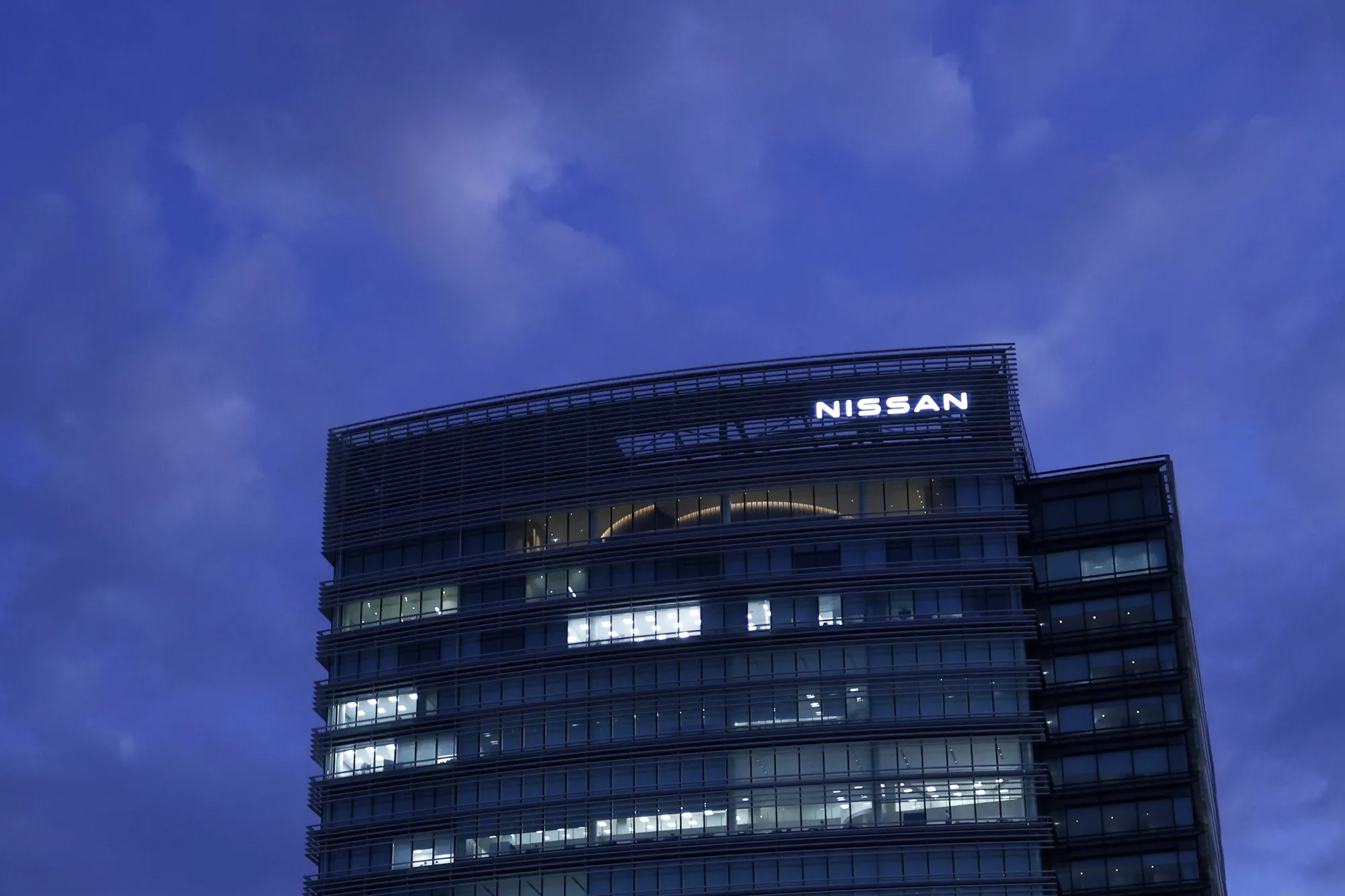 The Nissan Motor Co. global headquarters at dusk in Yokohama.