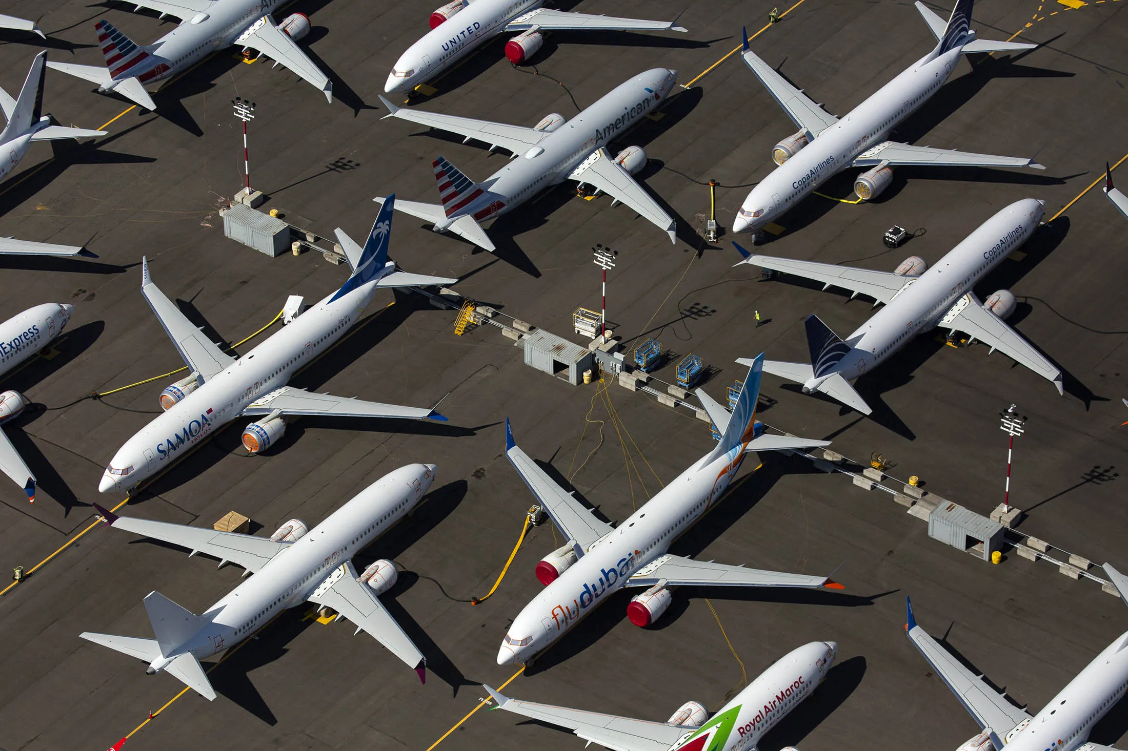 Boeing 737 Max airplanes sit parked on Boeing property near Boeing Field&nbsp;in Seattle, Washington.