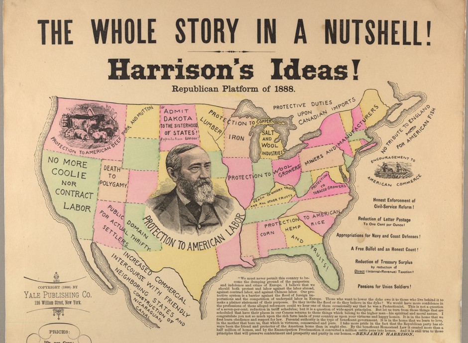 A map characterizes the Republican trade policy platform in the 1888 election.