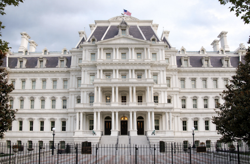 An image of the Eisenhower Executive Office Building, the slate gray building next door to the White House, altered to look like it’s been painted white. Photographer: Courtesy of the Executive Office of the President Office of Administration