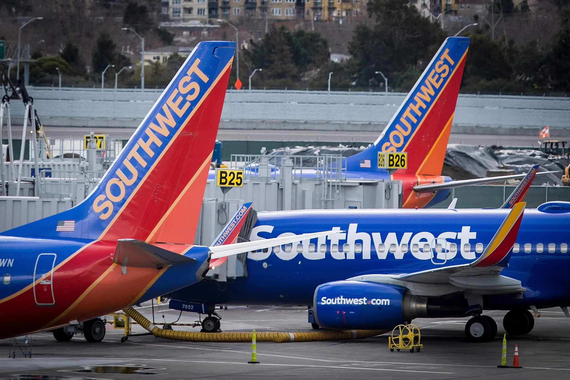 Southwest Airlines Co. planes stand on the tarmac at San Francisco International Airport.