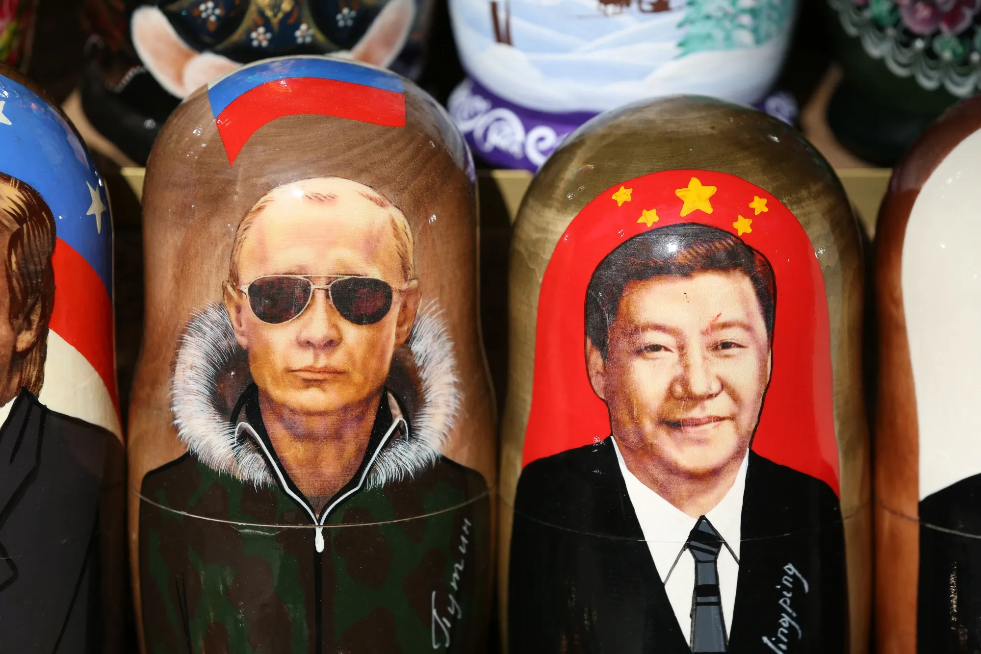 Matryoshka dolls depicting Vladimir Putin, Russia's president and Xi Jinping, China's president in St. Petersburg, Russia in&nbsp;2019.