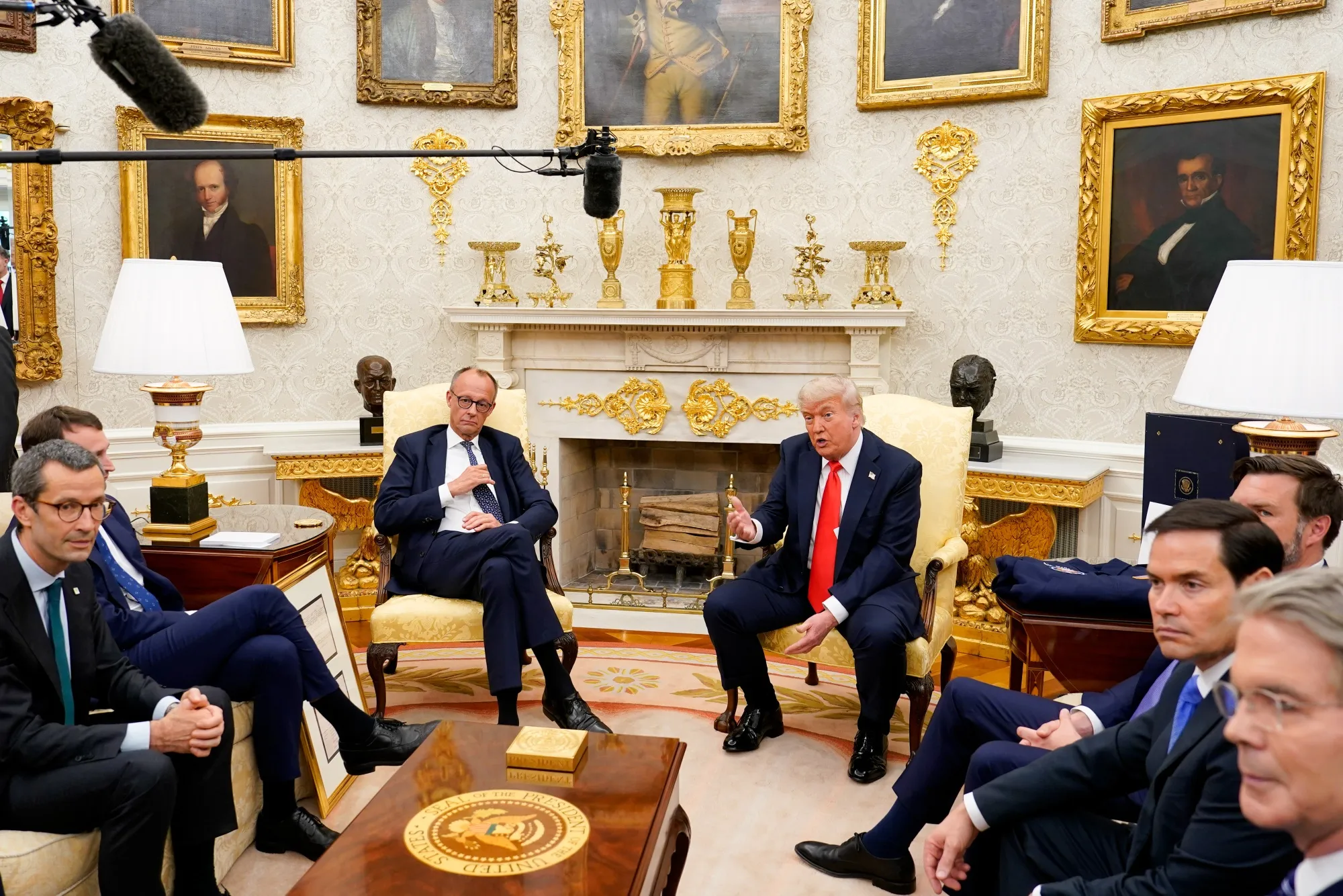 US President Donald Trump, center right, and Friedrich Merz, Germany's chancellor, center left in&nbsp;June 5.