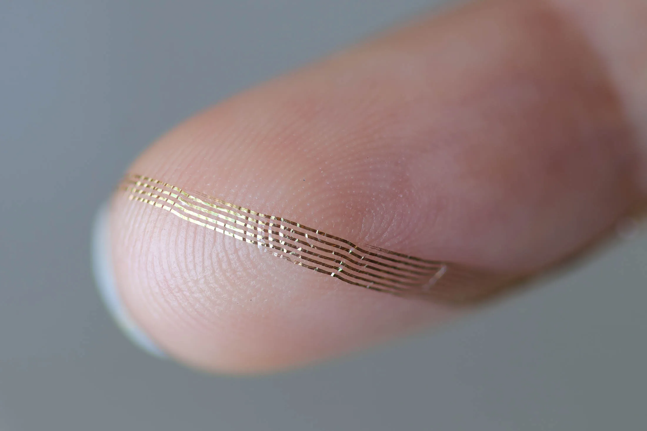 An Axoft implant, which contains 1,024 gold wires, on a person’s finger for display purposes.