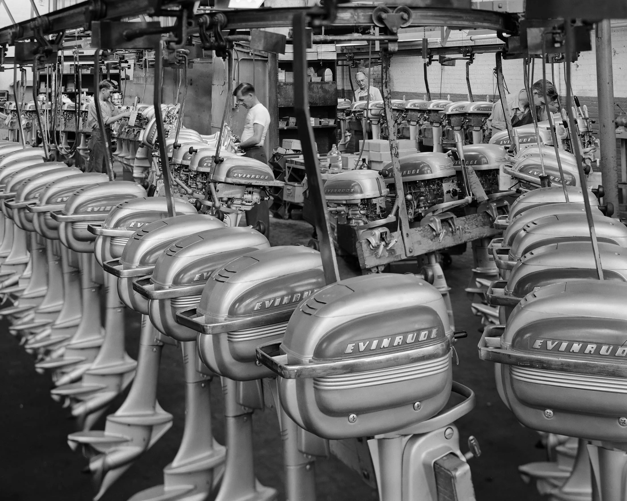 Outboard motor assembly at the Evinrude plant.