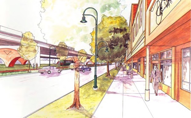 A rendering of a possible I-49 design from a &quot;Blue Book&quot; study of the connector corridor done in 1999.