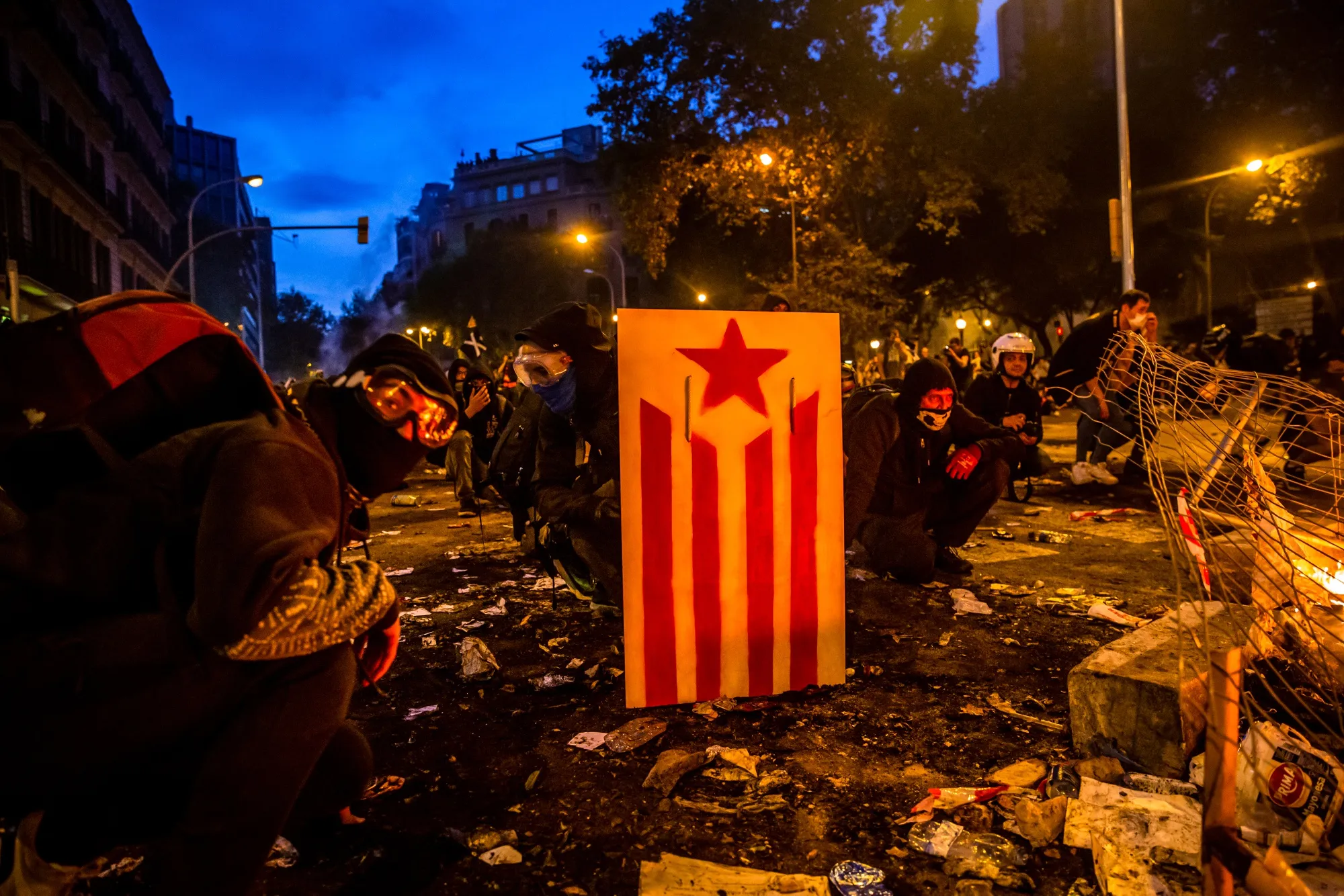 A protester shields behind a Catalan senyera flag during clashes with riot police in Barcelona on Oct. 18.