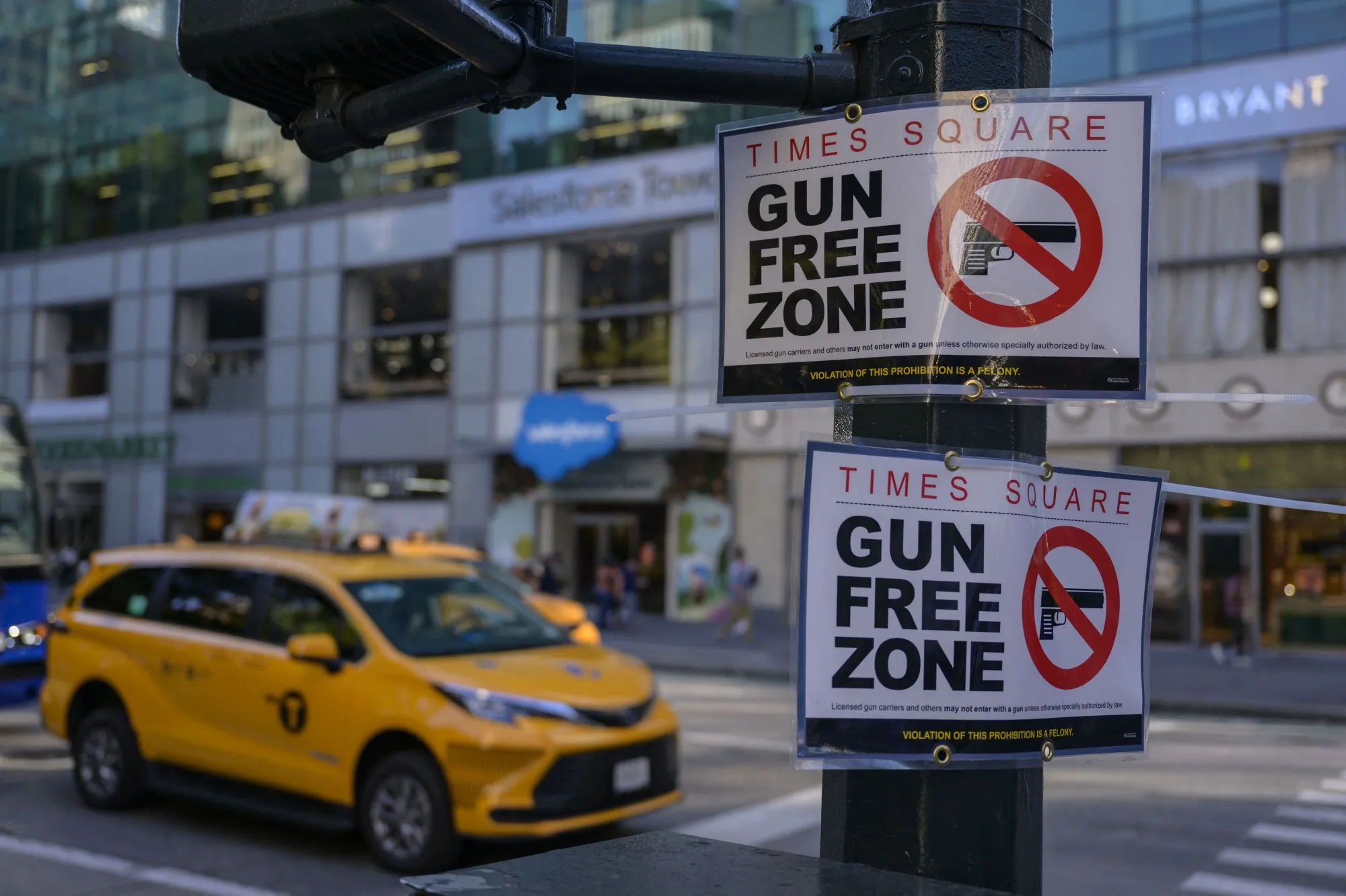 A "Gun Free Zone" sign is seen posted near Times Square&nbsp;in New York.