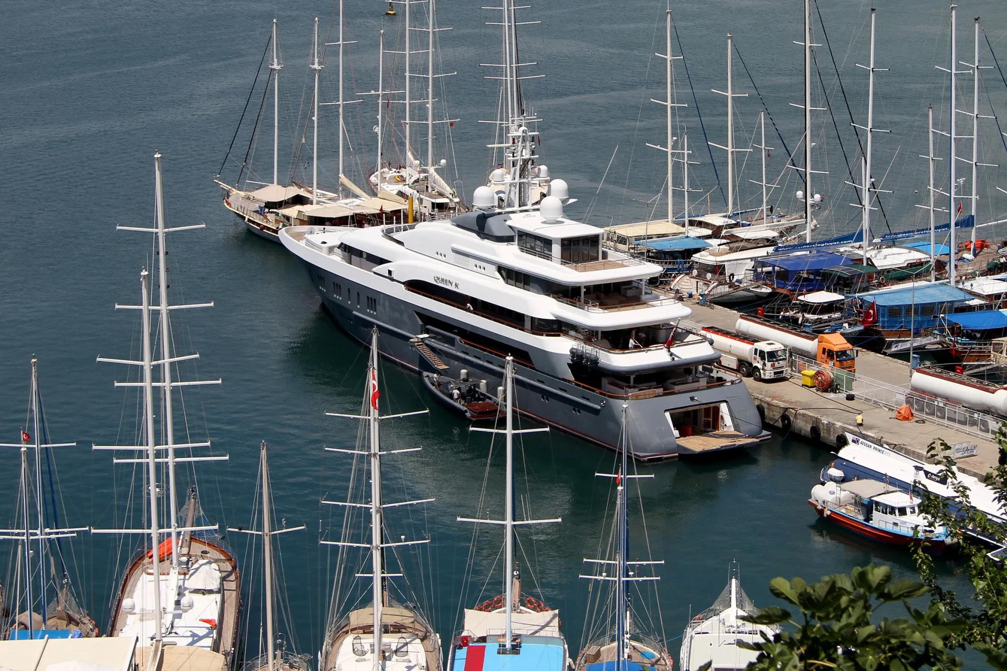Clio, then called the Queen K, the megayacht tied to Oleg Deripaska, at Fethiye port in Turkey, in 2017.