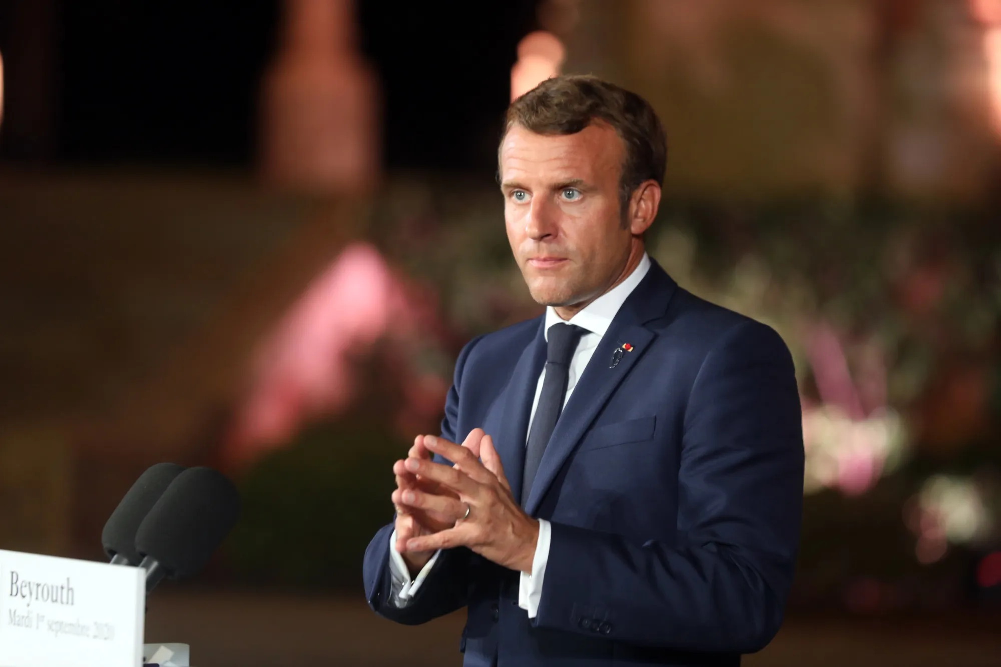Emmanuel Macron speaks during a news conference in Beirut&nbsp;on&nbsp;Sept. 1.&nbsp;