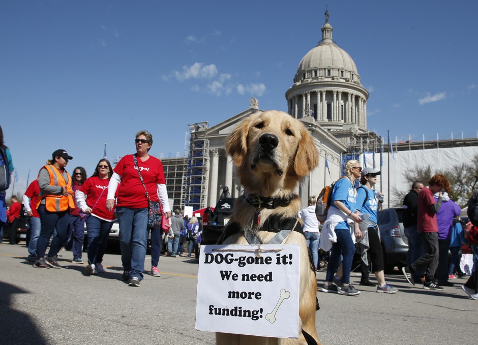 Oklahoma teachers (and Milo, the dog) are demanding increases in school funding; their strike entered its 10th day on Wednesday.  
