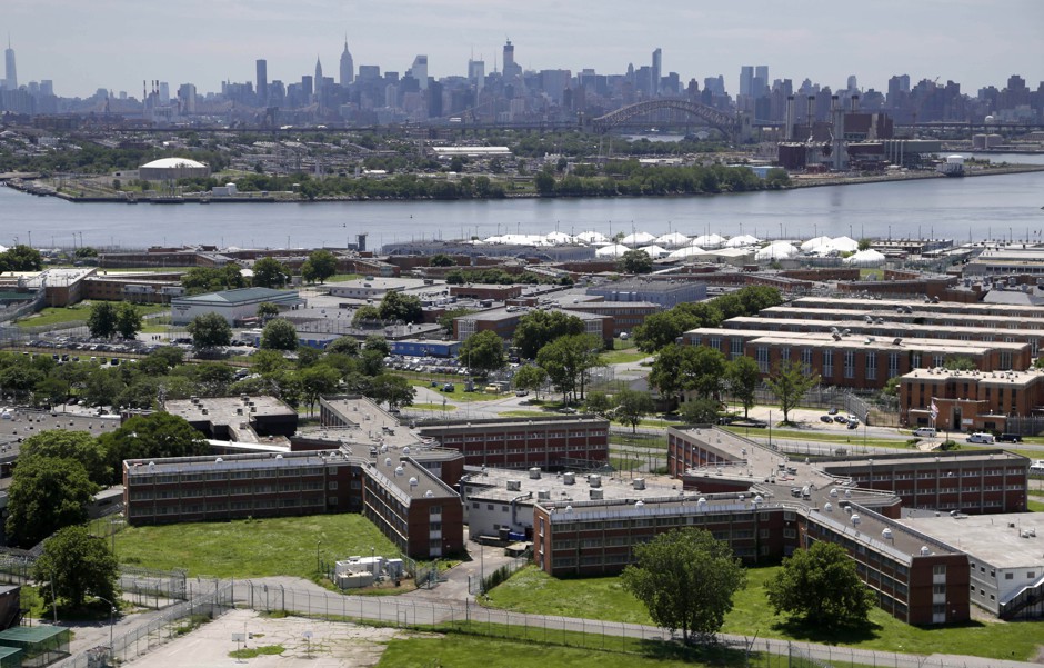 Rikers Island Prison Complex with the Manhattan skyline in the background