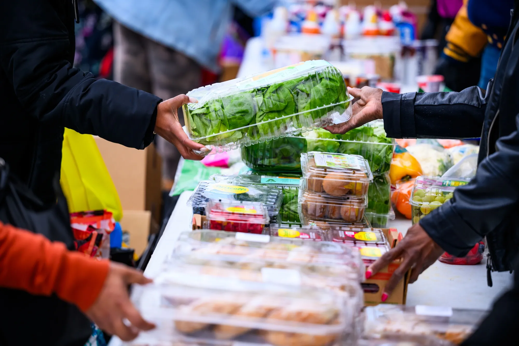 Volunteers distribute donated food items at a Capital Area Food Bank distribution site in Hyattsville, Maryland.