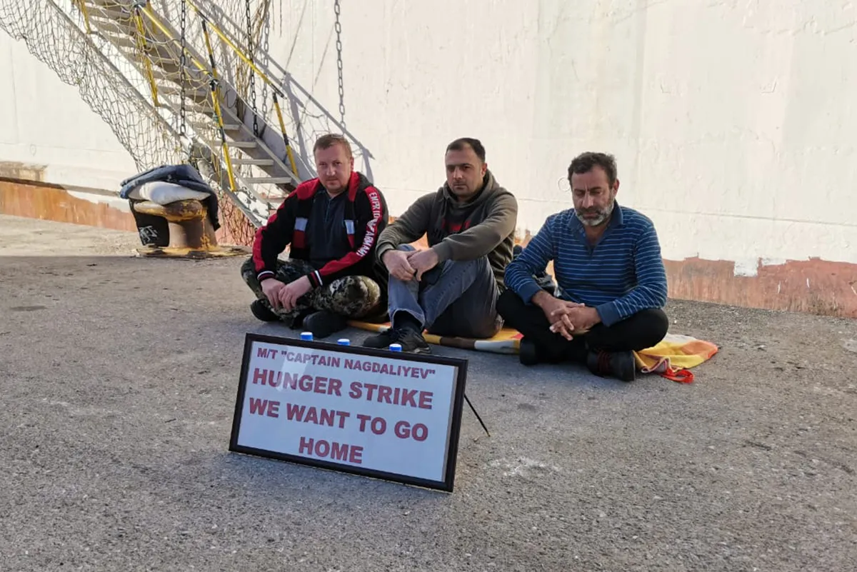 Crew of the Captain Nabiyev at the Port of Beirut in early February.