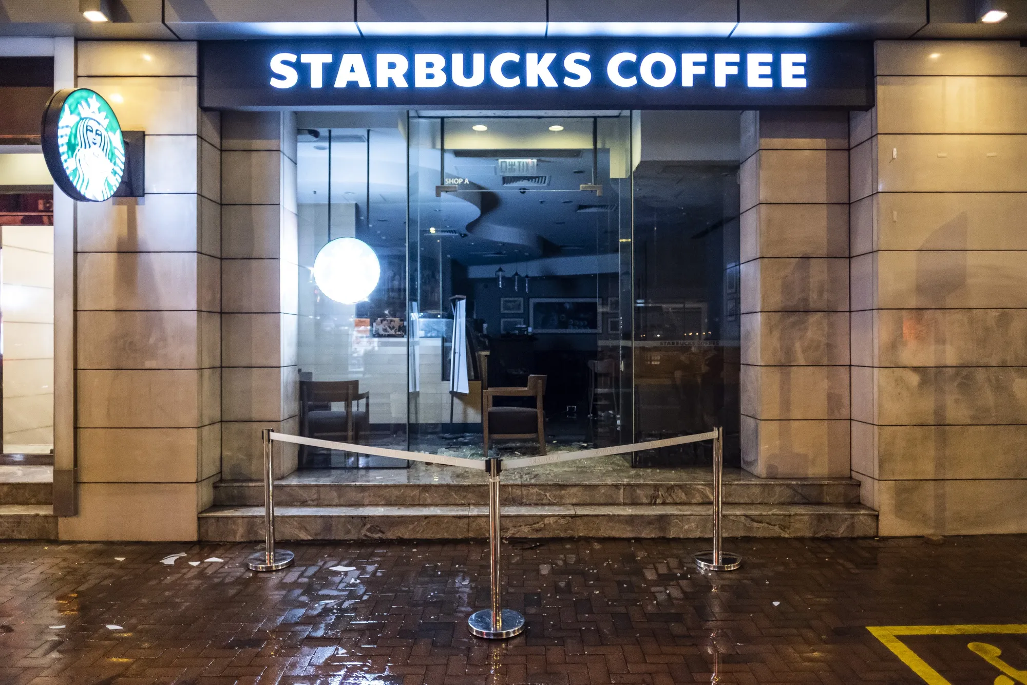 A vandalized Starbucks in Wan Chai on Oct. 4.