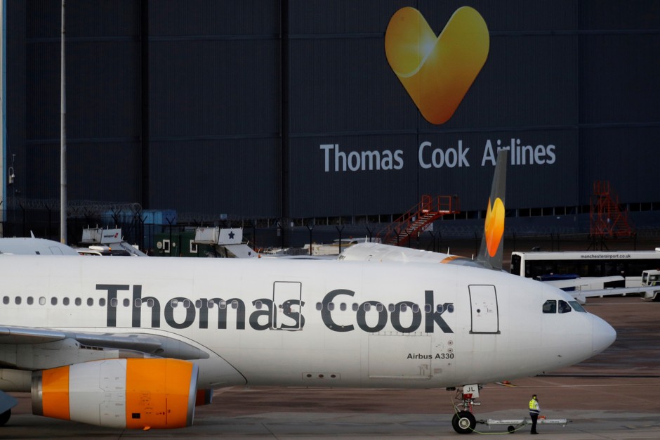 A grounded Thomas Cook airplane at Manchester Airport in the U.K. The company, which declared bankruptcy on September 23, 2019, operated its own airline.