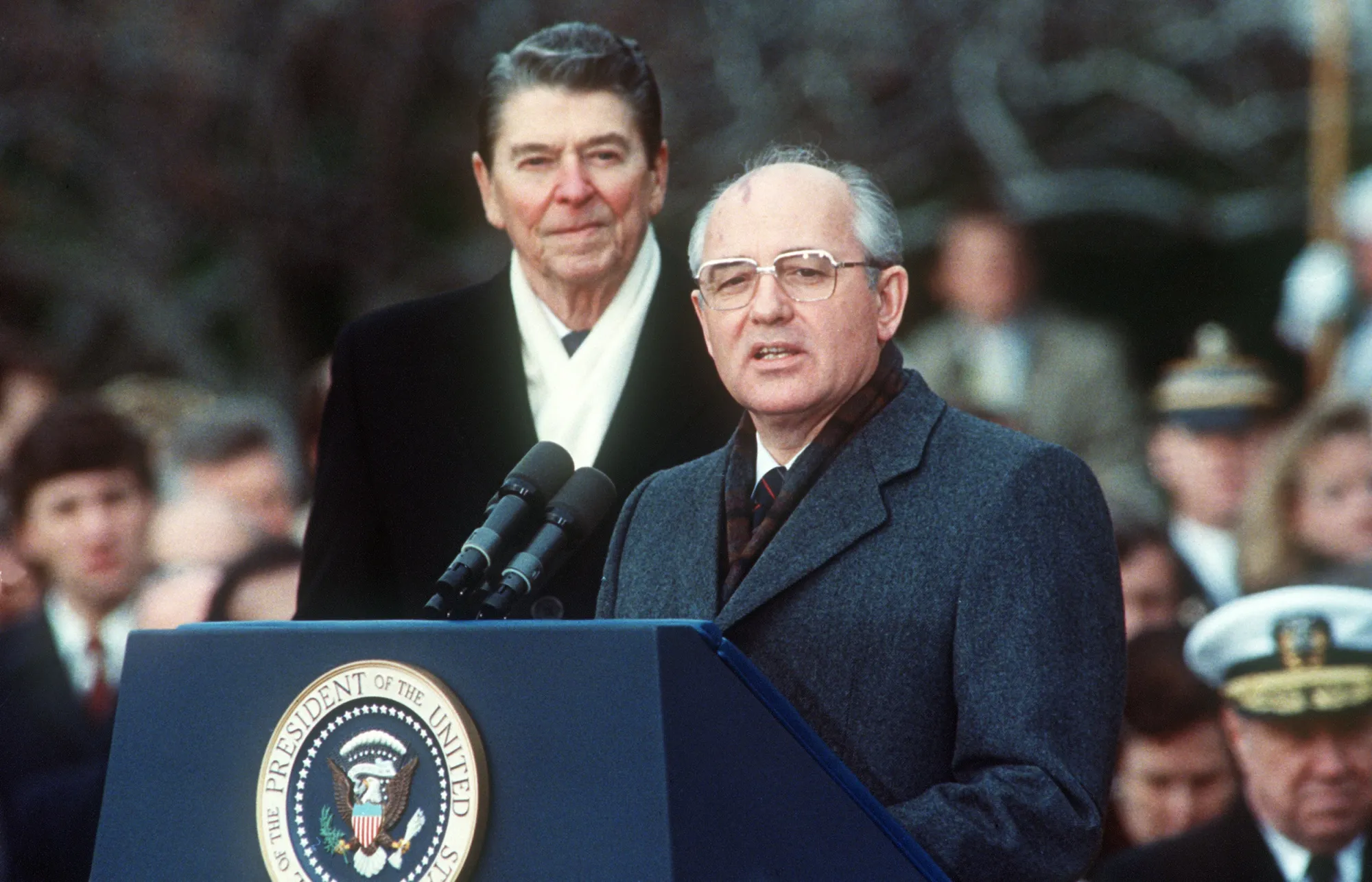 Ronald Reagan and Mikhail Gorbachev on the first day of their nuclear disarmament summit in Dec. 1987.