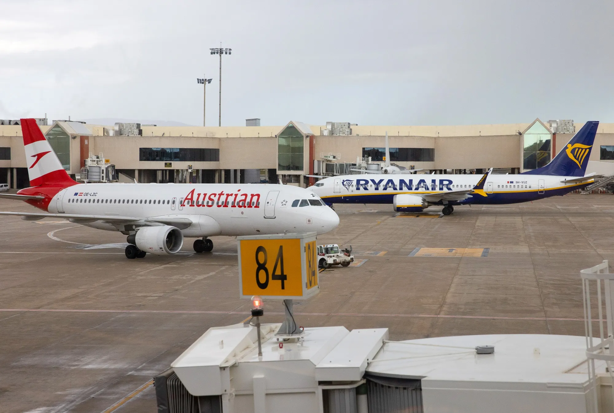 Austrian Airlines and Ryanair passenger jets in Palma, Mallorca, Spain.