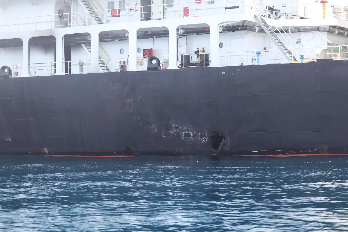 Blast damage on the starboard side of motor vessel M/T Kokuka Courageous on June 13.
