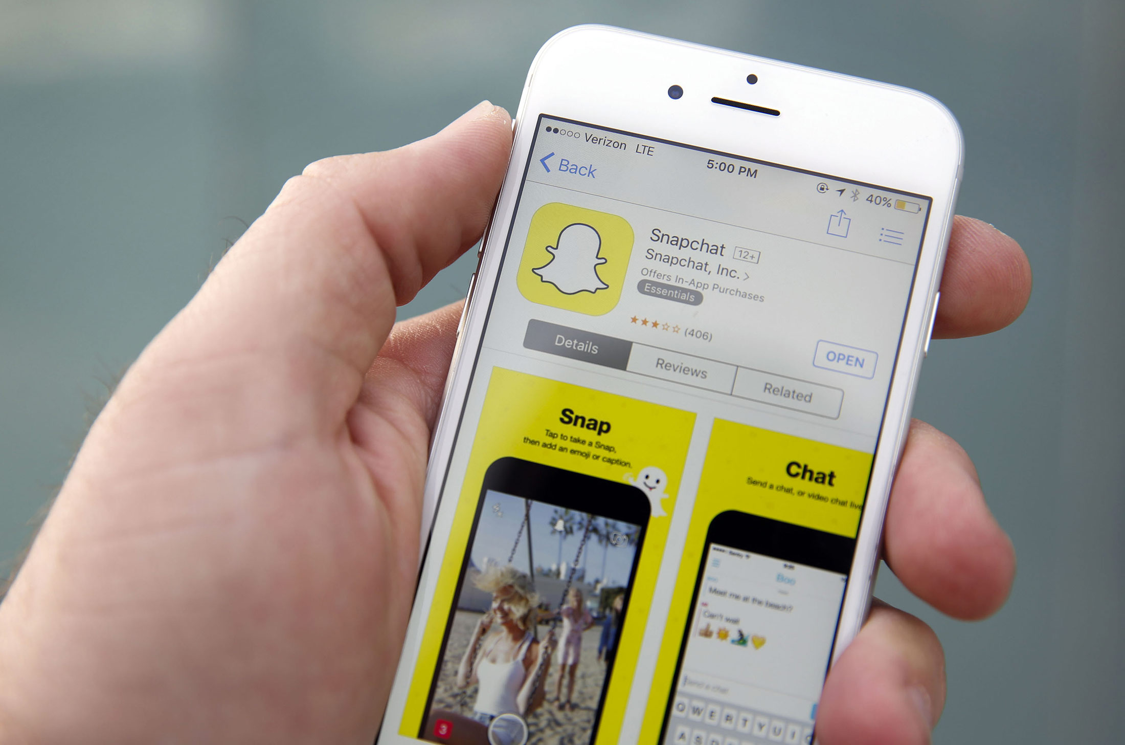 The Snapchat Inc. application is displayed in the App Store on an Apple Inc. iPhone 6 in this arranged photograph taken in the Venice Beach neighborhood of Los Angeles, California, U.S., on Wednesday, March 2, 2016.

