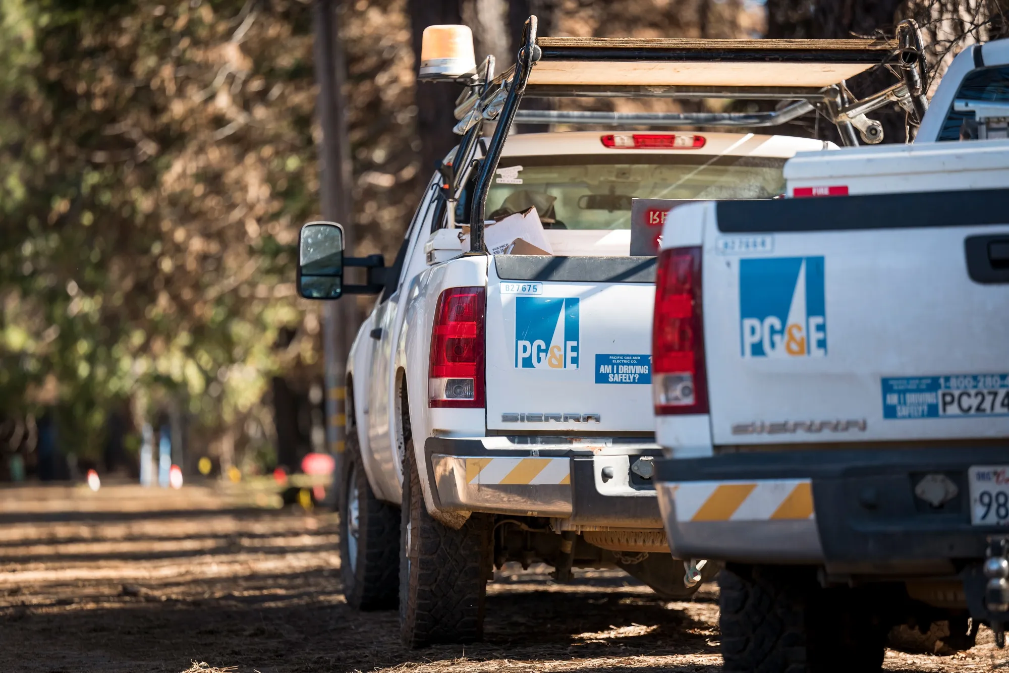 PG&E trucks in Paradise, California, in 2019.
