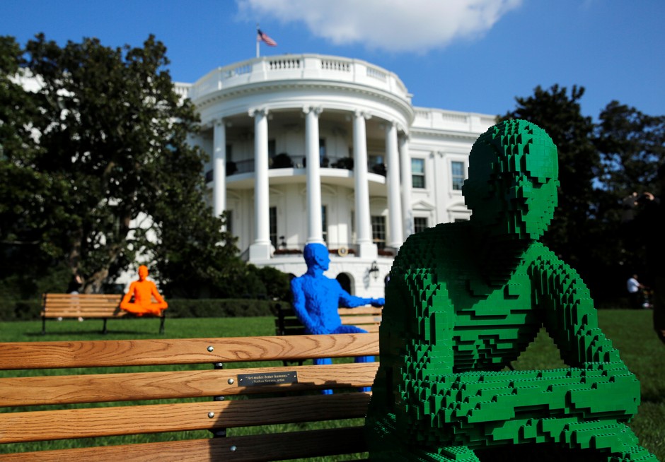 LEGO statues for the South by South Lawn Festival of ideas, arts, and action are seen at the White House in Washington.