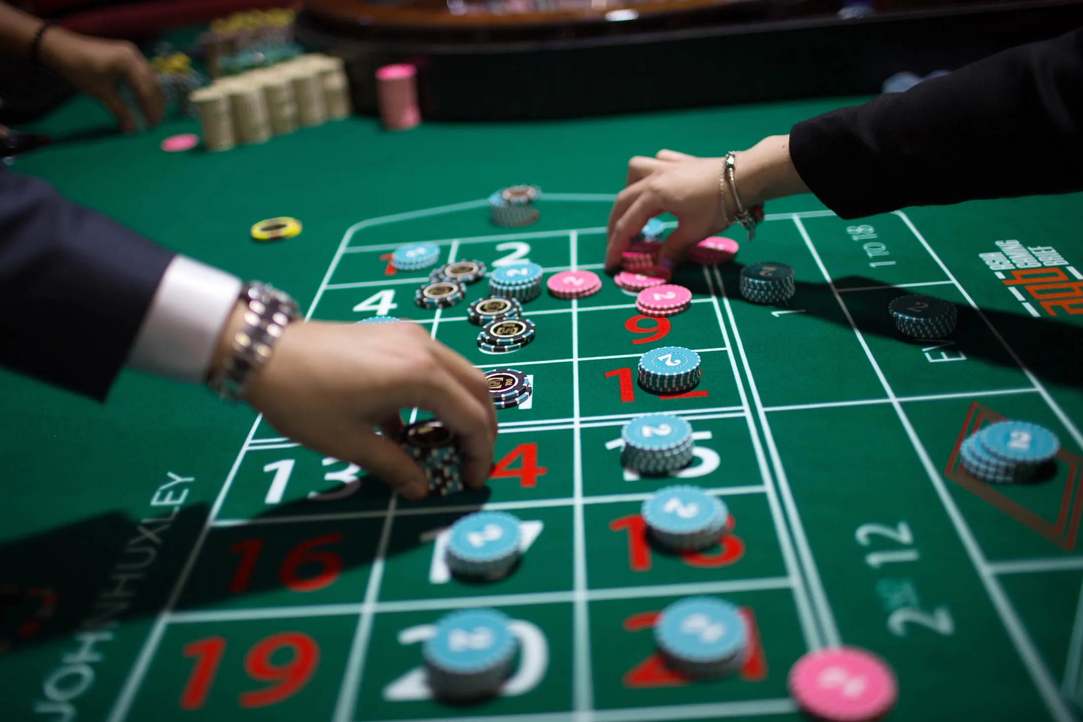 Gaming chips are placed on a roulette table at the Venetian Macau resort and casino.
