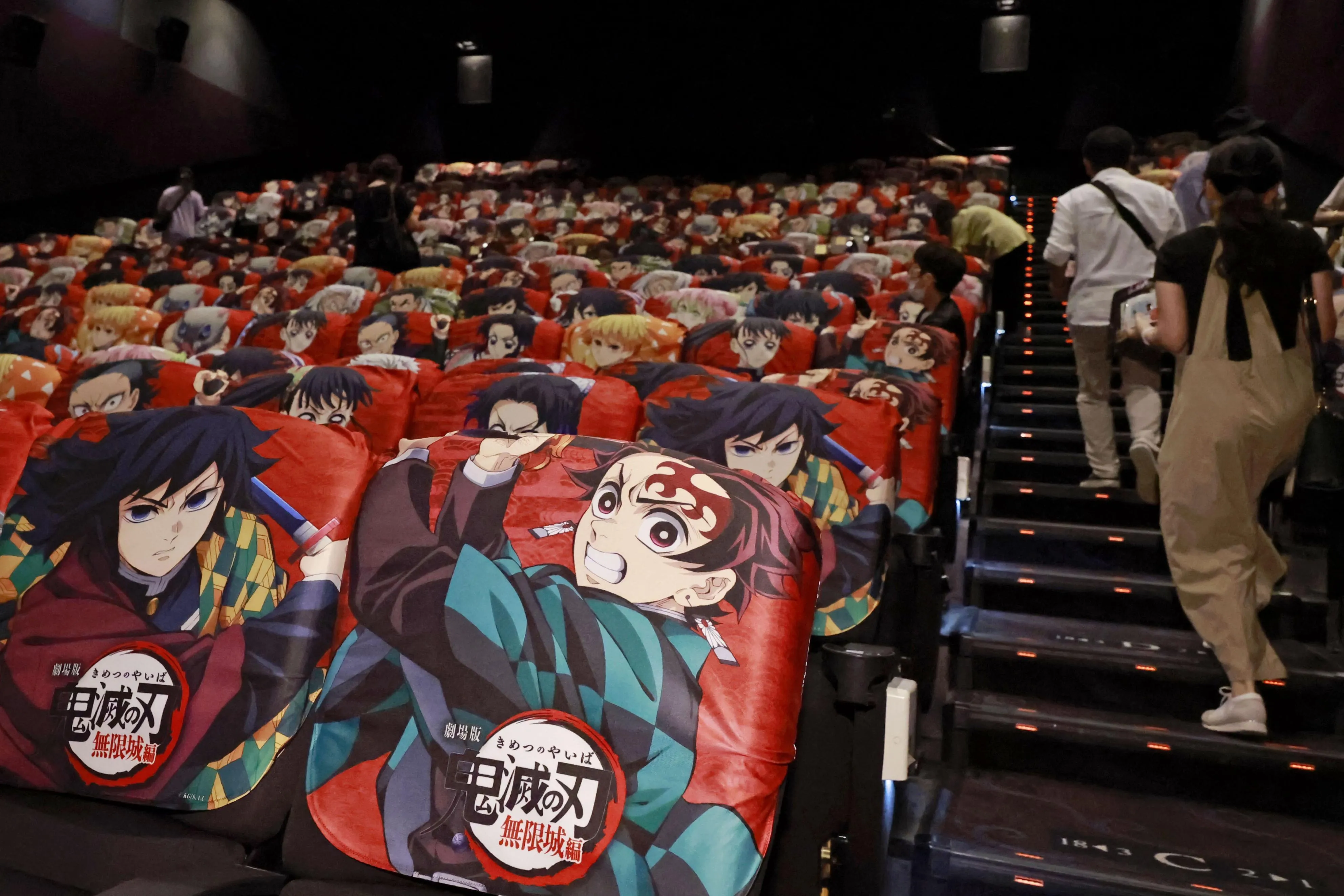 Seats covered by ‘Demon Slayer’ characters at the Toho Cinemas Hibiya theater in Tokyo, on July 18.