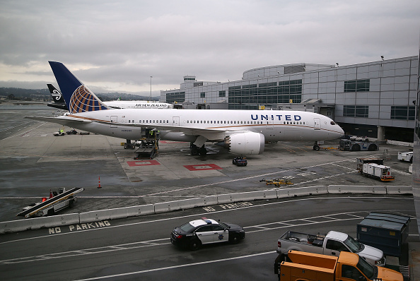 A United Airlines plane sits on the tarmac at SFO Airport in San Francisco, California.&nbsp;