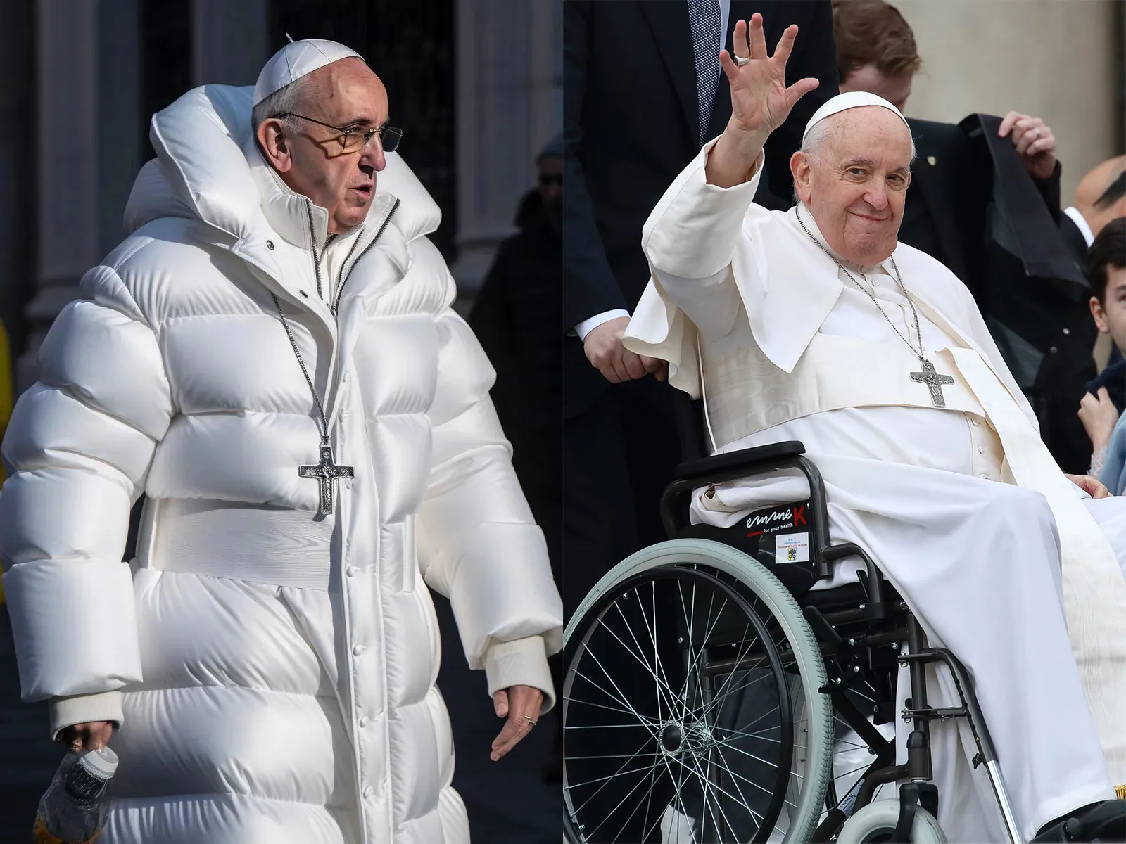 A fake image&nbsp;of Pope Francis generated by AI (left); a&nbsp;real photo of Pope Francis (right).