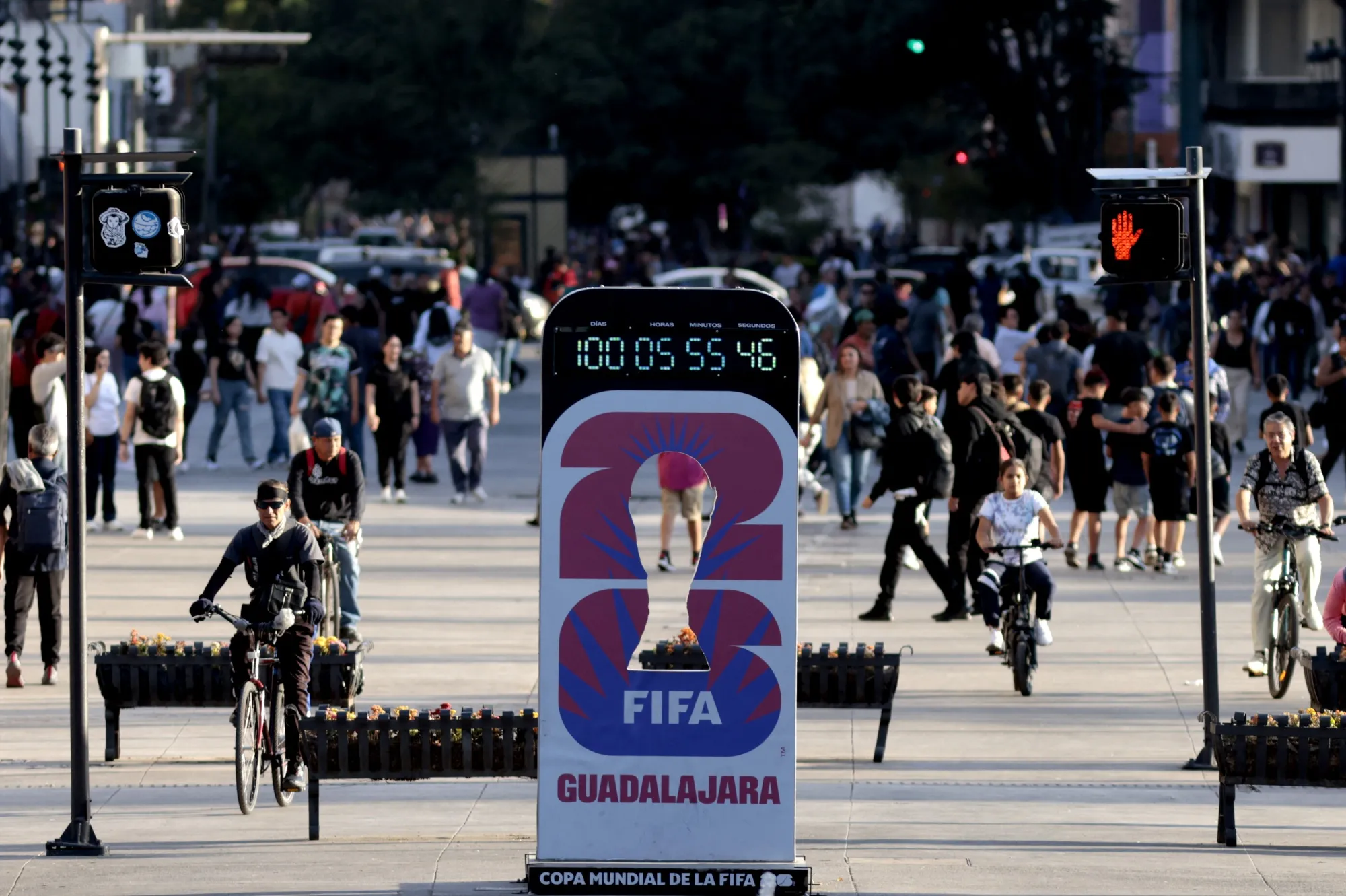 A countdown clock marking 100 days until the 2026 FIFA World Cup in Guadalajara, Jalisco state, Mexico, on March 2.